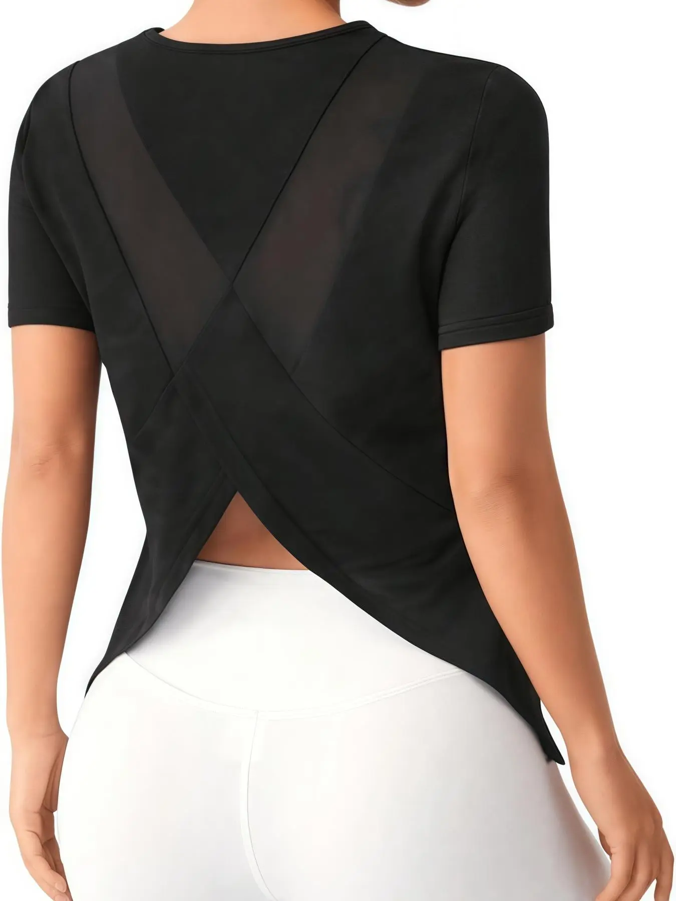 Women's Solid Asymmetrical Hem Sports Tee, Breathable Mesh Contrast Design Open Back Athletic Short Sleeve T-Shirt for Yoga Running, Backless Sports Tee, Activewear Tees, Activewear T Shirts, Activewear Clothes