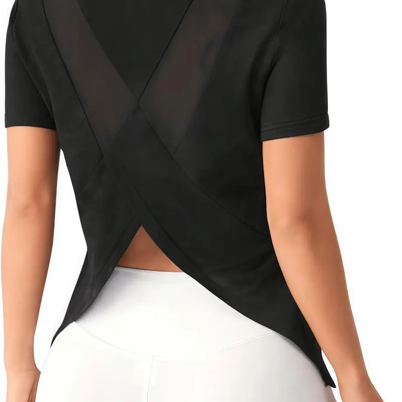 Women's Solid Asymmetrical Hem Sports Tee, Breathable Mesh Contrast Design Open Back Athletic Short Sleeve T-Shirt for Yoga Running, Backless Sports Tee, Activewear Tees, Activewear T Shirts, Activewear Clothes