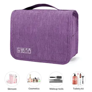 Travel makeup bag, suitable for both men's and women's cosmetics and skin care products. Made of polyester fiber. Portable hook storage box. Used to distinguish wet wipes from dry wipes. Purple color.