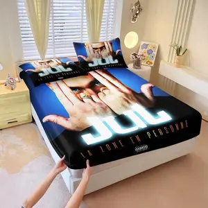 Dark-Style Jul Album Cover Printed Fitted Sheet And Pillowcase Three-Piece Set, Tightly Wrapped And Non-Slip, Combining A Cold Personality With Street Style, Suitable For Student Dorm Bedding, A Great Gift For Rap Fans' Birthdays