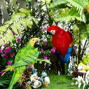 1 Pair Lifelike Resin Parrot Sculpture, 12 Inch Realistic Green and Red Bird Wall Decor, Tropical Outdoor Garden Lawn Tree Ornament, No Electricity or Battery Needed