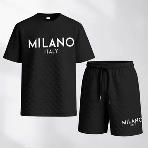 Men's Spring and Summer Milano Print with Red and Black Line Checkered Fabric Drawstring Shorts Set, Casual Summer Outfit with Short-Sleeved Shirt and Shorts, Ideal for Everyday Wear and Sports Activities