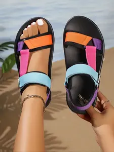 Summer Sporty Sandals for Women, Thick Sole Platform Shoes with Velcro Strap, Adjustable Sandals, Anti-Slip Rhinestone Beach Shoes, Fashion Galaxy Pattern