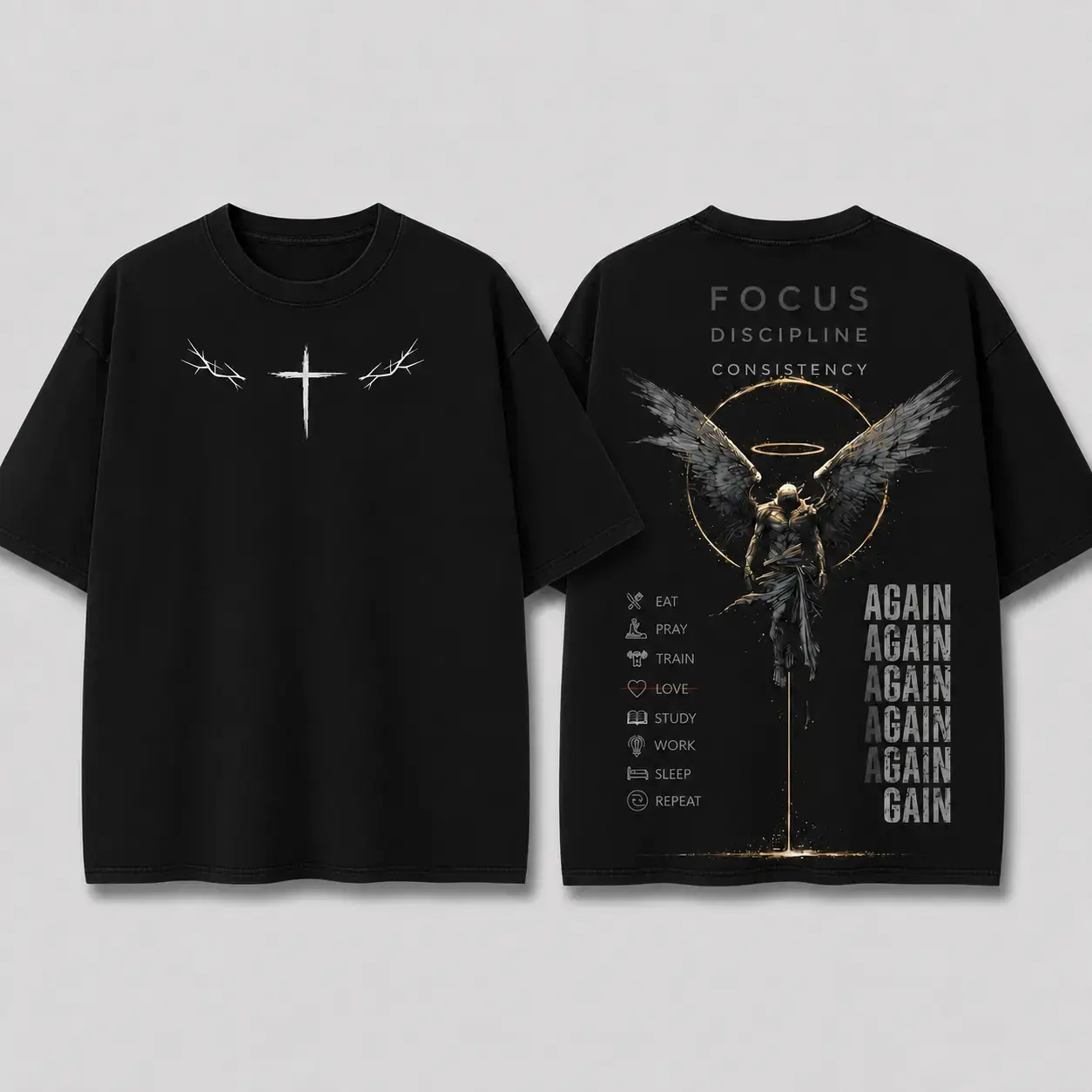 ARCHANGEL OF REPENTANCE T-Shirt Acid Washed Graphic Tee, Fallen Angel Double Sided Print Heavy Cotton Unisex Crusader Armor Shirt, Vintage Cross Faith Tee, Medieval Warrior Streetwear, Gothic Religious Oversized T-Shirt  boyfriend   bold statement