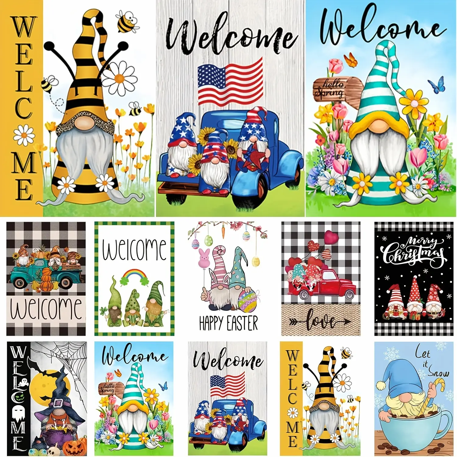 Set of 10 Seasonal Dwarf Garden Flags, Polyester Triple-Layer Double-Sided Print, 12*18 Inches/30*45cm, Decorative Flags for Yard, Garden, Planters, Fun Outdoor Mini Garden Flags, Christmas and Spring Flags, Festive Garden Flags for All Seasons
