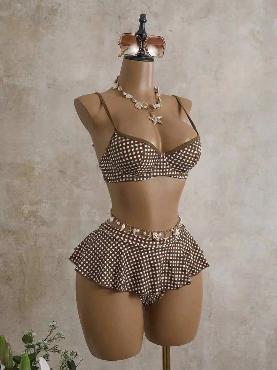 RIVIERA Summer Women's 2 Pieces Plaid Print Tankini Swimwear With Underwire, Beige