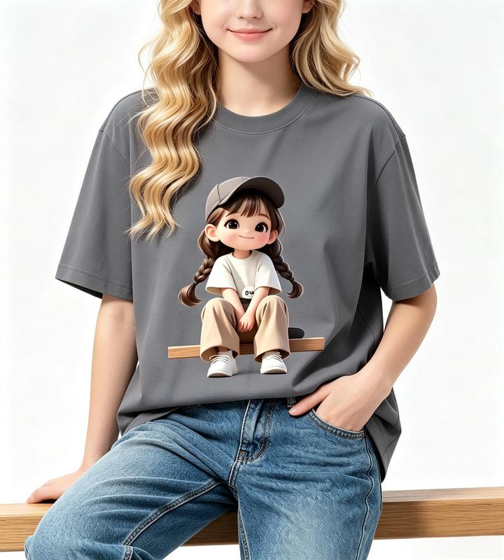Women's Fitted Cotton T-Shirt - Cute Kawaii Cartoon Print, Short Sleeve, Crew Neck, Comfortable Fabric, Casual Beach Tee