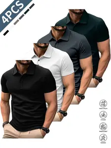 4-Pack Men's Summer Golf Polo Shirts, Golfing Apparel, Top, Moisture-Wicking, Ideal for Daily Wear, Perfect Gift, Casual Fitted H-Type Plain Pattern
