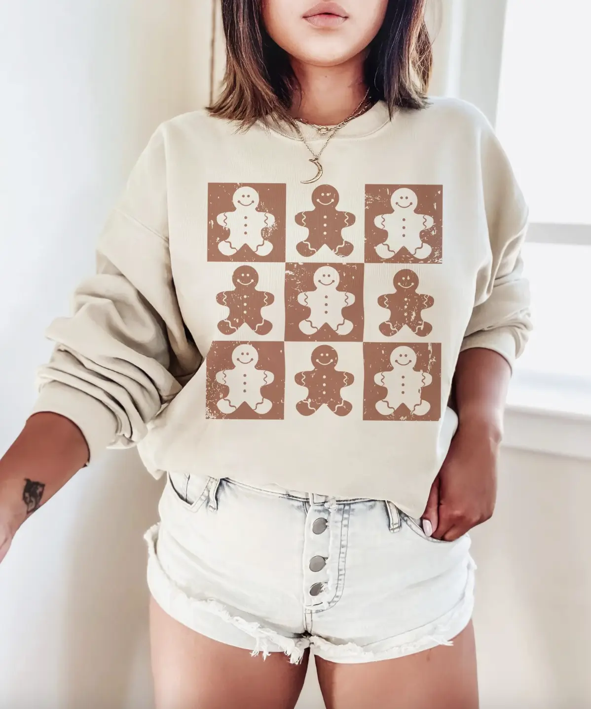 Retro Checkered Gingerbread Man Shirt/Sweatshirt/Hoodie, Vintage Crewneck, Gift For Xmas, Cotton, Womenswear Tops