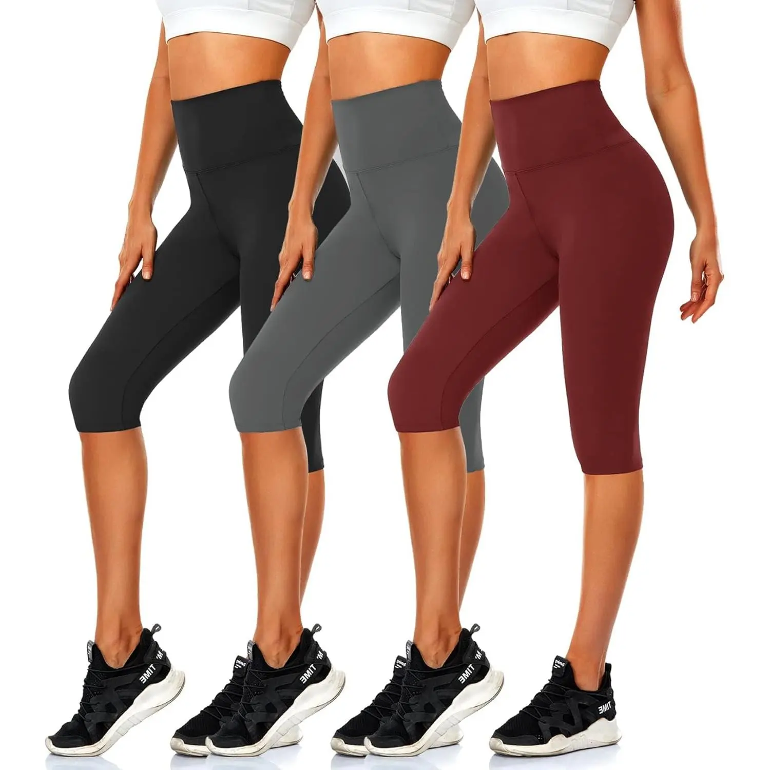 3 Pack Capri Pants with Pockets - High Waisted Knee Length Yoga Leggings, Workout Biker Shorts for Women Running Summer