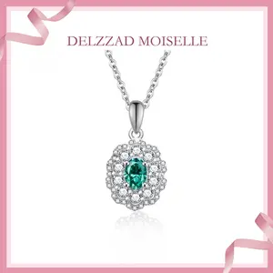 Delzzad 0.5ct Green Ripple Pendant Necklace Oval Synthetic Moissanite Necklace S925 Chain Christmas Gift
