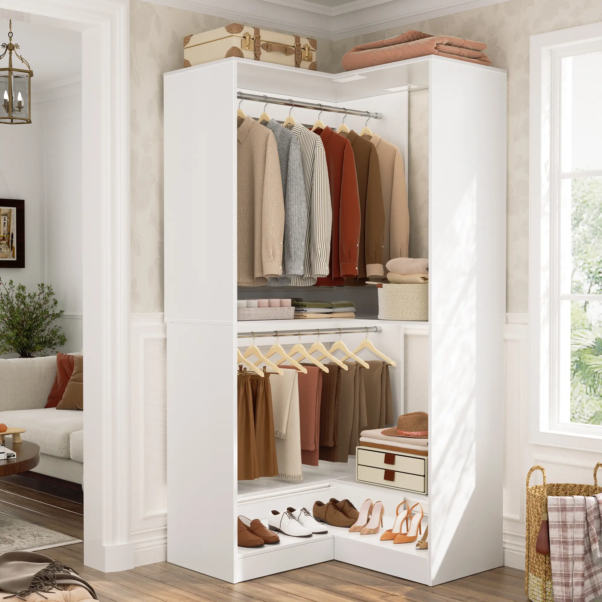 Armocity Closet System Corner 3-Tier Corner Wood Closet Walk-in Closet Organizer with 2 Metal Hanging Rods Load capacity 60 lbs
