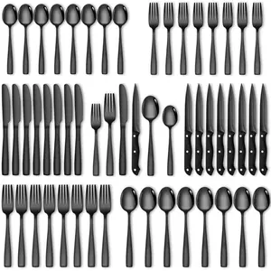 48-Piece Matte Black Stainless Steel Flatware Set (Service for 8) | Includes Steak Knives, Durable Knife Fork Spoon Cutlery, Dishwasher Safe, Perfect for Spring Picnics & Summer BBQs