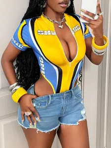 Colorblock Sporty Functional Zipper Romper, Short Sleeve Slim Fit, Night Out, Nightclub, Streetwear, Music Festival, Daily Wear, Casual, Party Fashion Fitted Womenswear, Versatile Usage