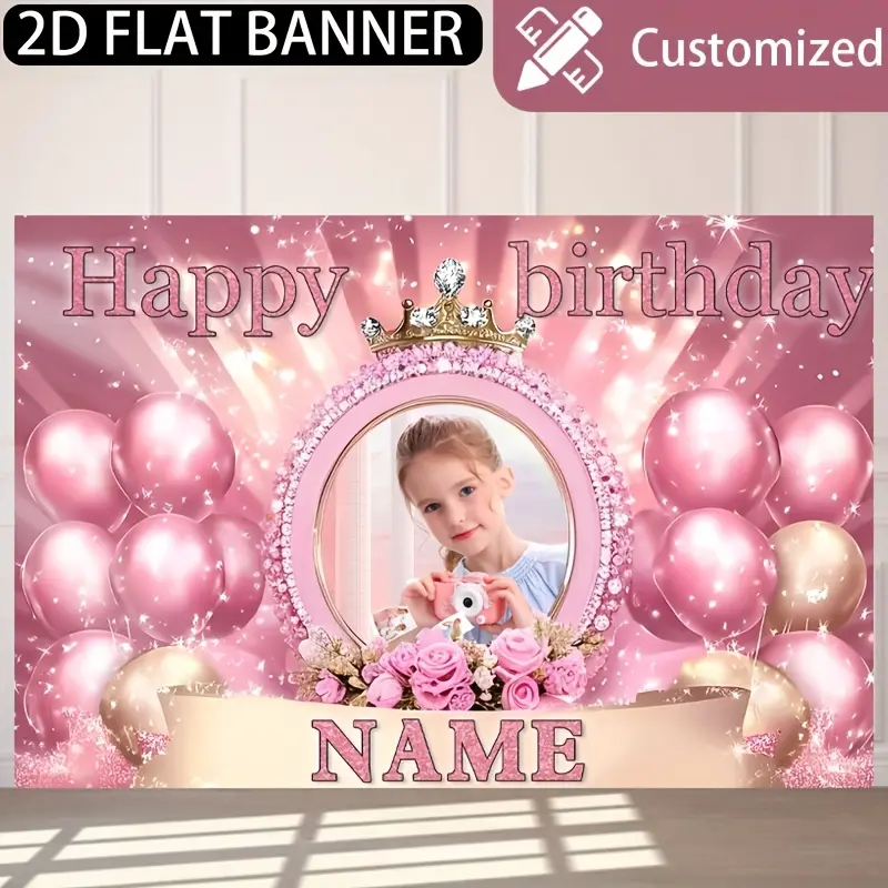 Personalized Floral Diamond Frame Wishing Banner - 1pc Princess Pink Polyester Vinyl Decor with Custom Name, Golden Crown, Roses, Balloons, Durable Indoor/Outdoor Backdrop for Happy Birthday, Kids Parties