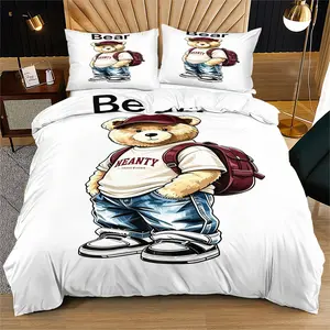 Handsome teddy bear printed pattern duvet cover set, including 1 duvet cover and 1 or 2 pillowcases, without a core or pillow, suitable for bedroom or dormitory bedding set, suitable for gift giving or personal use