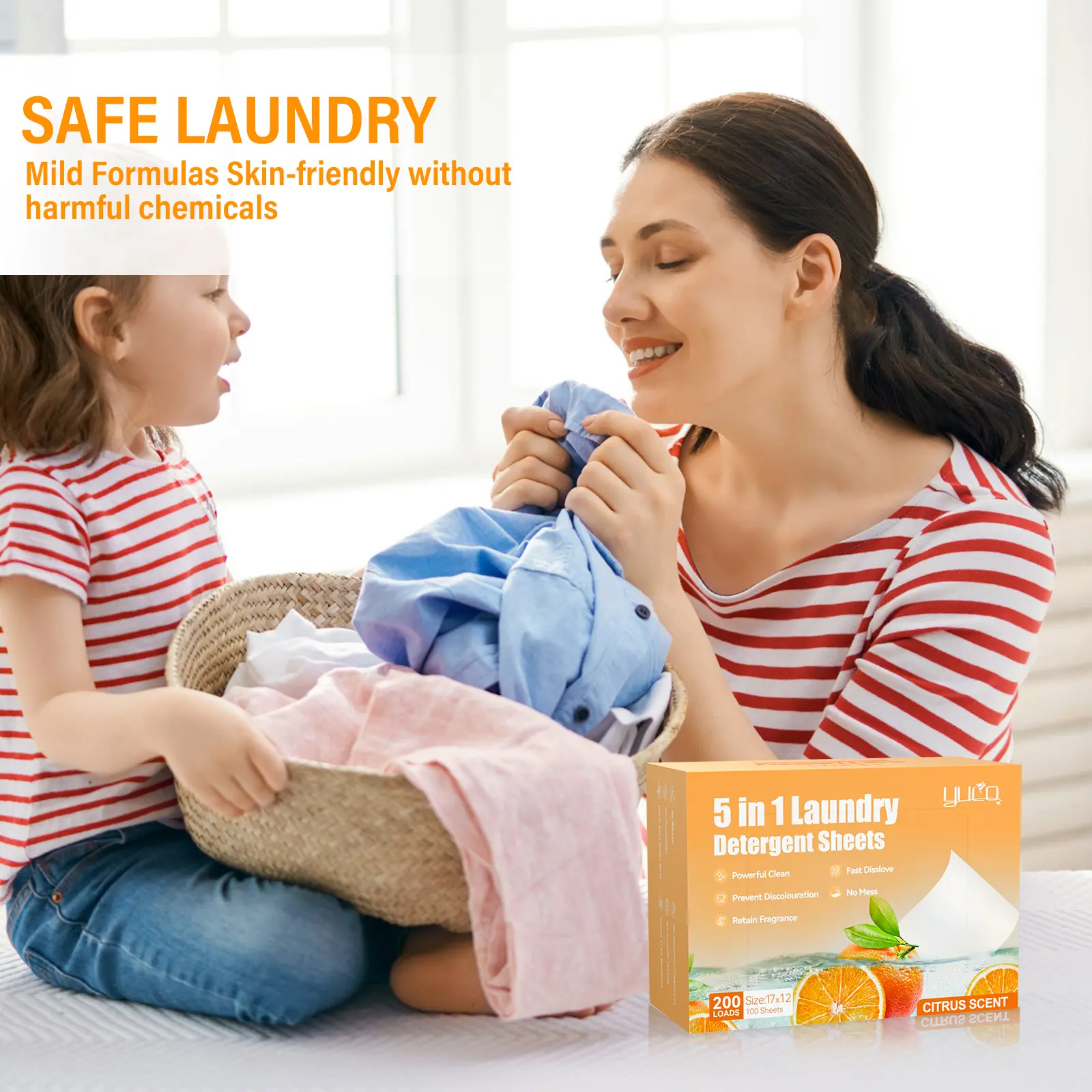 YUCO Eco-Friendly Portable Travel Laundry Detergent Pre-Cut Sheets - Liquidless, Plastic-Free, Hypoallergenic, No Mess, Compact, Low Foaming, Stain-Removing Household Cleaner (Citrus, Recyclable Packaging), Stain Removal