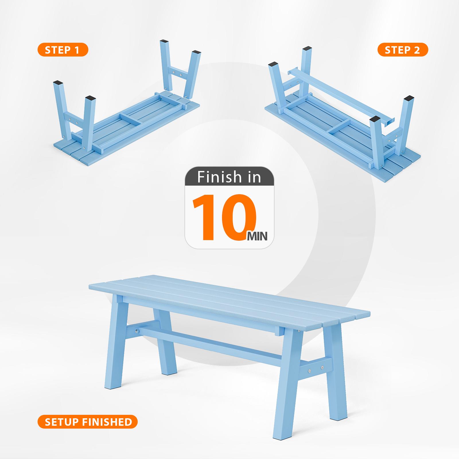 47” Outdoor Bench HDPE Patio Garden Bench w/Metal Legs, Poly Lumber Outdoor Backless Bench, 660 LBS Capacity (Blue)