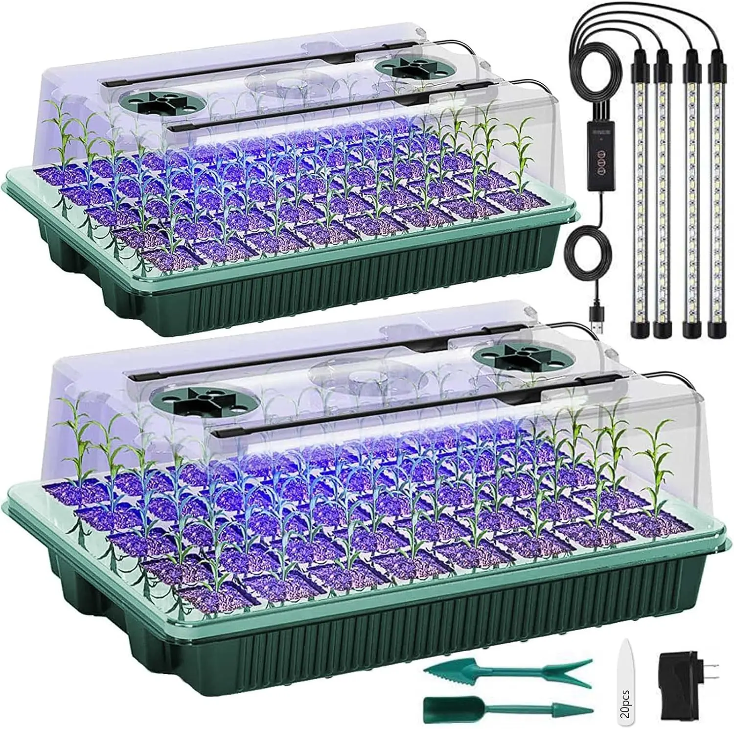 Seed Starter Tray with Grow Light, 2 Packs 80 Cells Seed Starting Kit Seedling Starter Trays with Grow Lights,  Germination Trays with Humidity Dome  Starter Kit