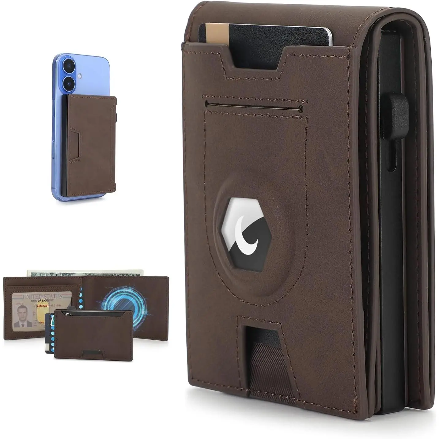 Airtag Wallet for Men, 2 in 1 Detachable MagSafe Minimalist Wallet,  Pop Up Card Holder, RFID Blocking  Bifold Wallets for 10 Cards &  with ID Window, Mens , Dark Brown