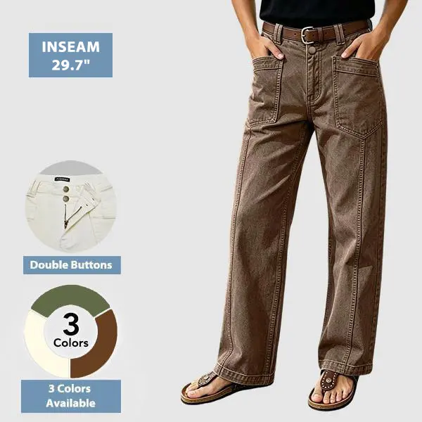 Flamingals Solid Stitch Detail Patch Pocket High Rise Straight Leg Pants Womenswear Stretchy 29.7" Inseam