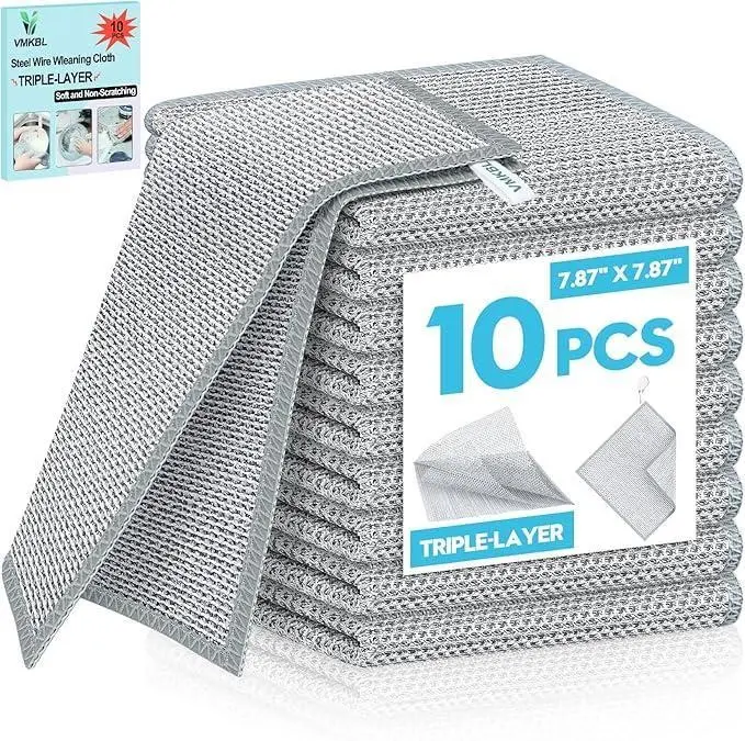 10 Pcs New Upgraded 3 Layers Non Scratch Wire Dishcloth, Multipurpose Wire Dishwashing Rags, Wet & Dry for Cookware, Sinks,