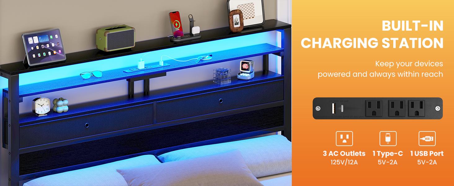 Bed Frames with Charging Station and LED Lights, Wood Headboard with 2 Fabric Drawers and Storage Shelves, Twin Size Platform Bed with Metal Slats, No Box Spring Needed Bed Frames with Charging Station and LED Lights, Wood Headboard with 2 Fabric Drawers and Storage Shelves, Twin Size Platform Bed with Metal Slats, No Box Spring Needed