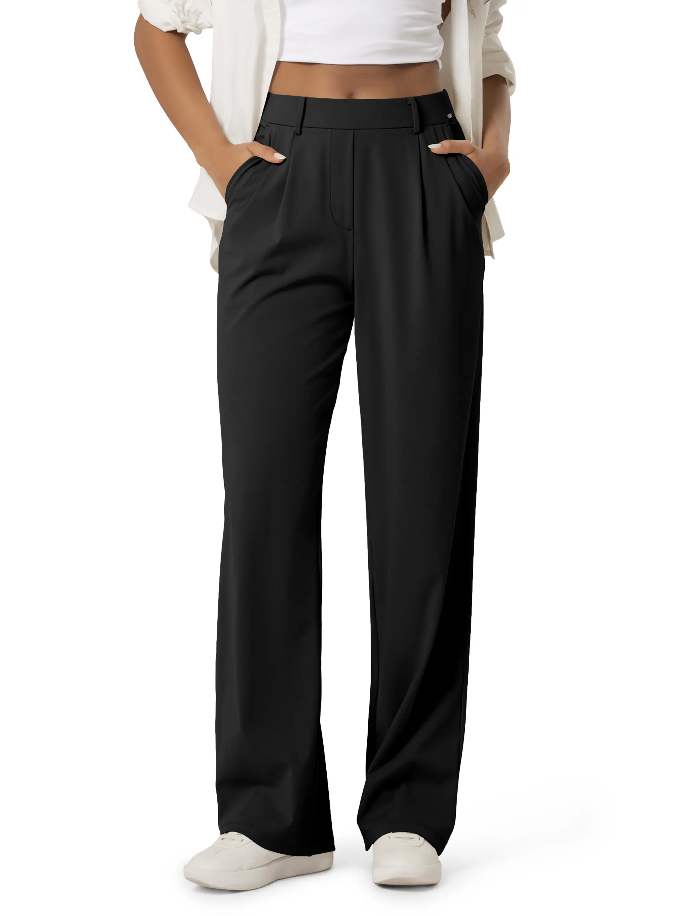 ODODOS Women's High-Rise Wide Leg Trousers, Adjustable Tailored Stretch Work Pants with Pockets, 33" Inseam