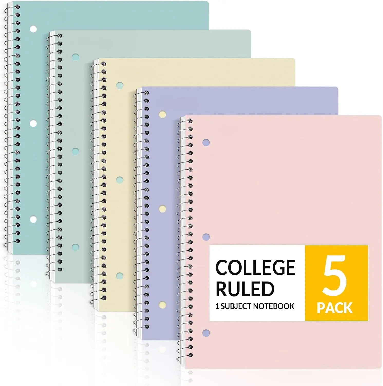 Spiral Notebooks, 1-Subject, 5 Pack, College Ruled Paper, 8" x 10-1/2", 70 Sheets per Notebook,3-Hole Punched Paper, Pink,Purple, Blue, Green, Yellow Spiral Lined Notebooks for School,Work : Office Products