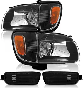 AS Headlights Assembly For 2001 2002 2003 2004 Toyota Tacoma Headlights with Corner Signal Lamps and Bumper Light Black Housing Amber Reflector Driver Side and Passenger Side Pair