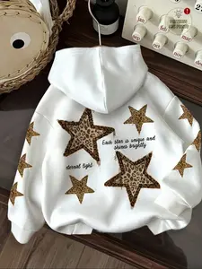 Women's Casual Hooded Sweatshirt with Drawstring Pocket, Leopard Star Print, Loose Shoulder Long Sleeve, Thick, Spring & Fall Fashion, Womenswear, Leopard Star Hoodie, Printed Hoodies, Casual Cozy Sweatshirt