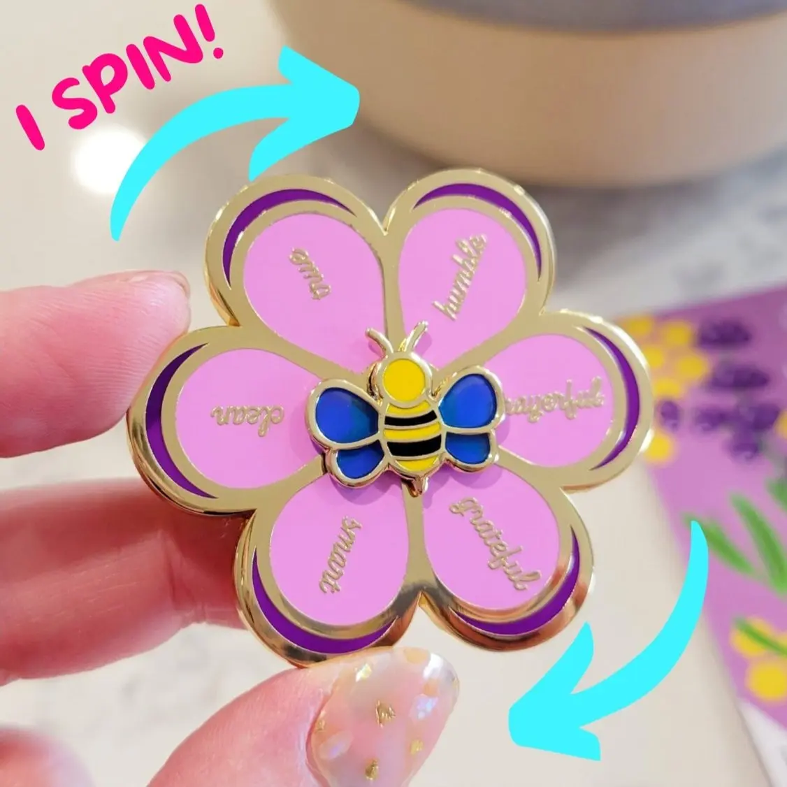 Spinning Flower and Bee Faith Interactive Enamel Pin