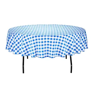 90 in. Round Tablecloth Checkered  Plaid for Patio Outdoor Furniture & Outdoor Living Events Half Drop Design Blue & White Plaid