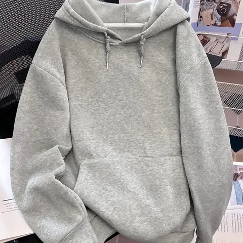 Women's Solid Color Drawstring Pocket Loose Fitting, Casual Minimalist Loose Basic Knit Long Sleeve Hooded Sweatshirt for Fall & Winter, Casual Cozy Pullover, Women's Clothes for Daily Wear, Womenswear, Casual Sweatshirt Tops, Loose Sweatshirts
