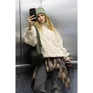 VERY J Fuzzy Fleece Half Zip Cable Pattern Sweatshirt