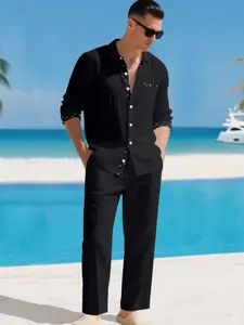 Men's Linen Autumn Set, Matching Casual Classic Old Money Style Shirt and Pants, Long Sleeve Two-Piece Suit, Fitted Plain Design, All Seasons Wear
