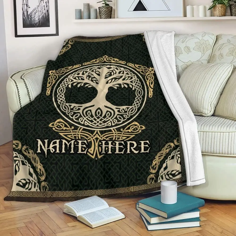 OhaPrints Custom Celtic Viking Yggdrasil Norse Nordic Green Personalized Name Polyester Fleece Sherpa Throw Blanket - Full Bleed Print, Viking Motif, Multi-Size (101Cm×76Cm（30X40in）),122Cm×81Cm（32X48in）),60x80in), for Sofa Couch, Reading, Grandparents, Po