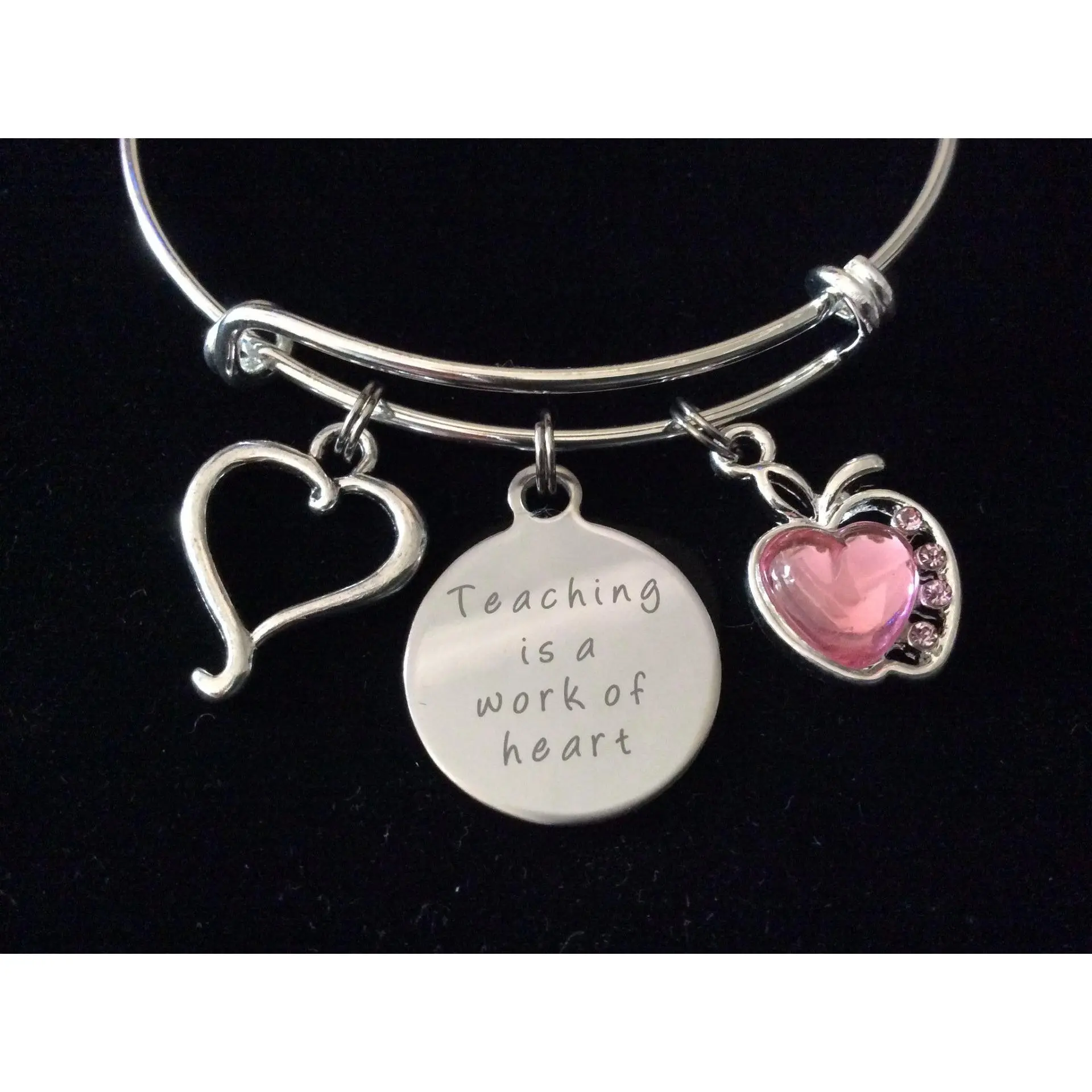 Teaching is a Work of Heart Bracelet | Teacher Appreciation Gift | Pink Crystal Apple Charm Bangle | Silver Expandable Teacher Jewelry