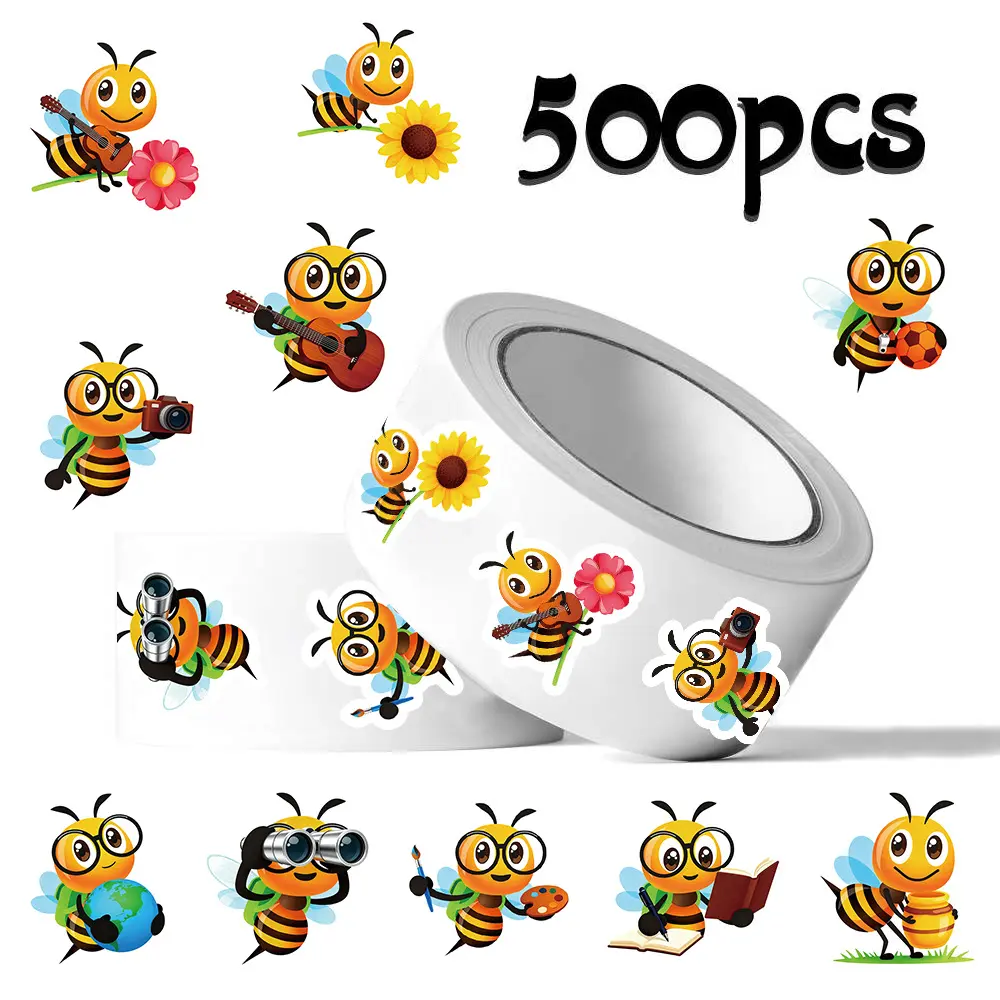 500pcs Cute Bee Roll Sticker Series Sticker Packs Aesthetic Stickers Fun Stickers Decorative Stickers Decal Sticker Sealing Stickers for Mugs, Laptops, Suitcases, DIY Notebook Decorations, Birthday Gifts