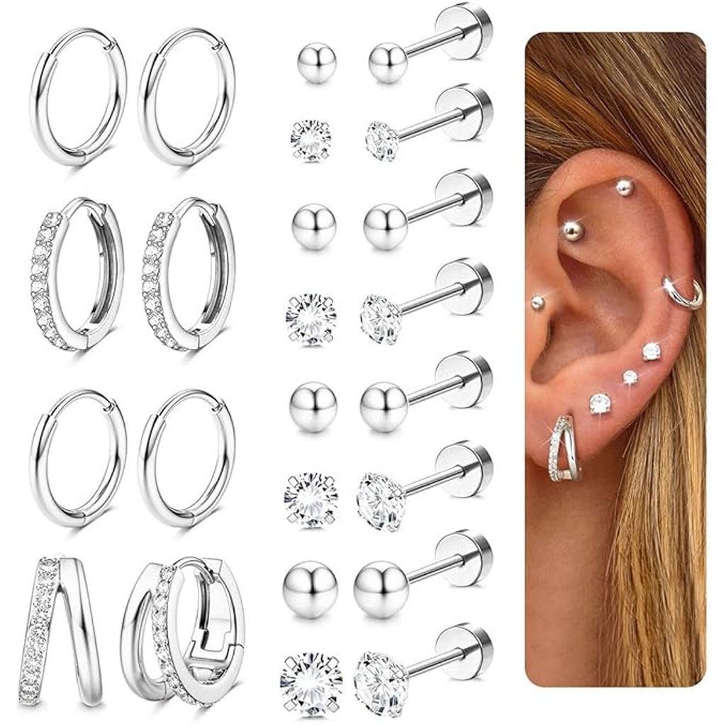 12-Pair Gold Earring Set – Hypoallergenic Studs & Huggie Hoops with Cubic Zirconia