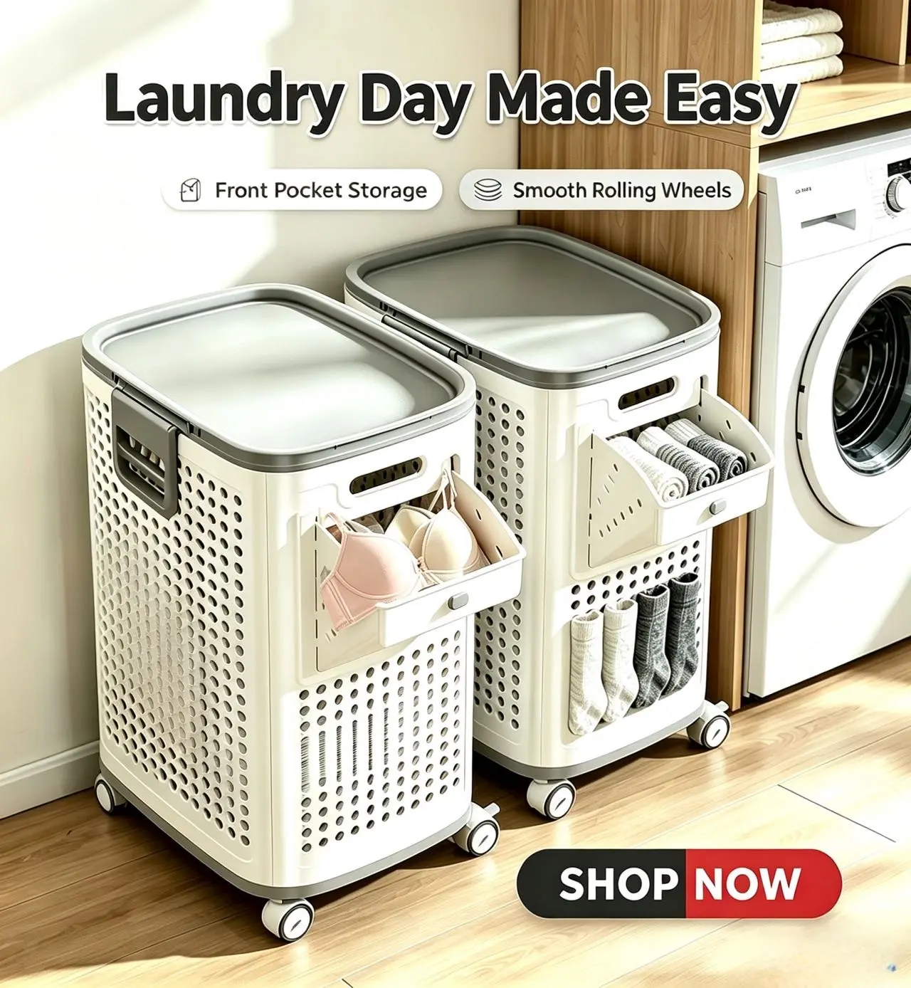 Heavy-Duty Plastic Geometric Foldable Laundry Hamper - Wheel-Equipped, Foldable Lid, Carry Handles, Tray Removal, Removable Trays, Freestanding Home Bathroom Storage Organizer