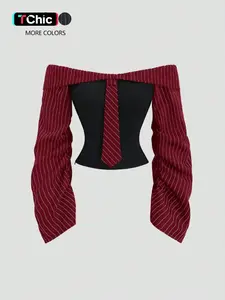 Women's Striped Patchwork Slim Fit Off-Shoulder Fashion Short Shirt, Perfect for Daily Commute, Stylish and Comfortable