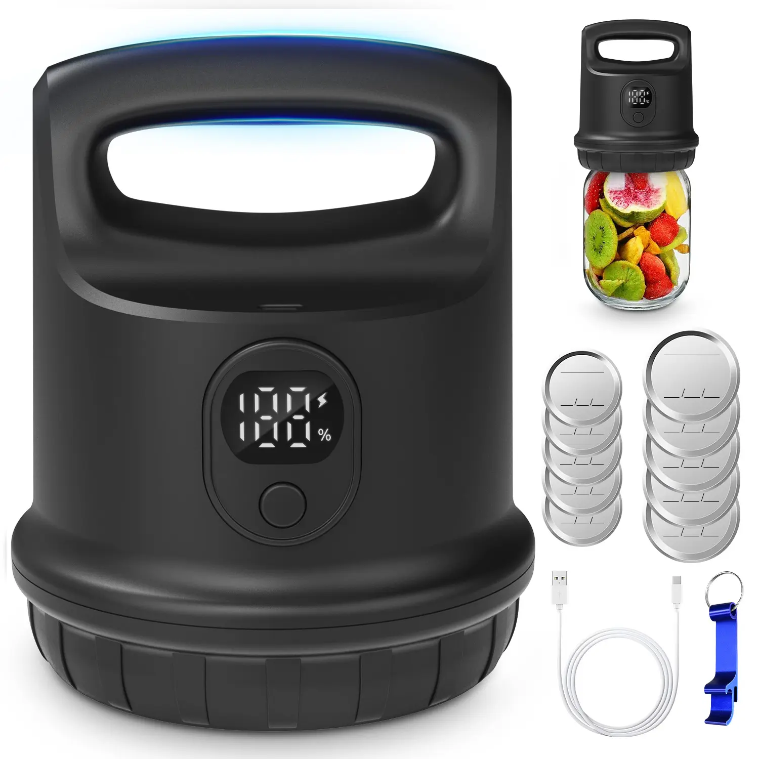 Coobiiya Mason Jar Vacuum Sealer with Ergonomic Handle Cordless 2000mAh Battery Dual Smart Mode for Wide & Regular Mouth Jars Portable & Durable Appliance