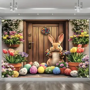 Cute Happy Easter Backdrop Banner, Bunny Eggs Floral Wooden Door Decorations, Durable Polyester Fabric Photo Booth Prop, Reusable Easy to Clean, Perfect for Easter Party, Spring Decor, Home Entrance Decor, Photo Shoot, Gift for Family