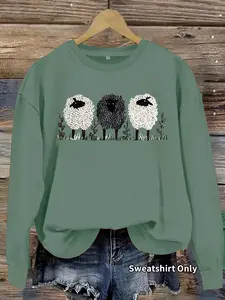 Women's Casual Round Neck Thin Sweatshirt, Three Sheep Pattern, Four-Season Fashion Top, 100% Polyester Fiber