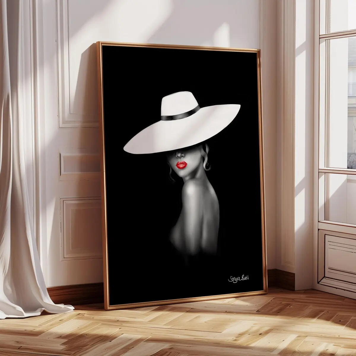 Black And White Art Print, Strong Woman Portrait, Woman Illustration,, Woman with Red Lipstick, Woman with Hat Print, Red Lipstick Wall Art, Room Decor, Unframed –  5 Sizes (8x12–27x40 inch)