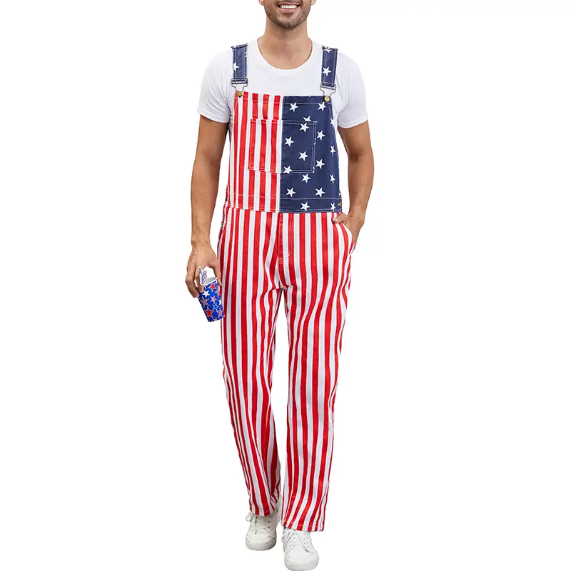 OeyFnbmO Couples Christmas Adjustable Denim Overalls Red White and Blue Coveralls Menswear with Zip Men's Casual Rompers Women's USA Bibs Jumpsuits with Pockets