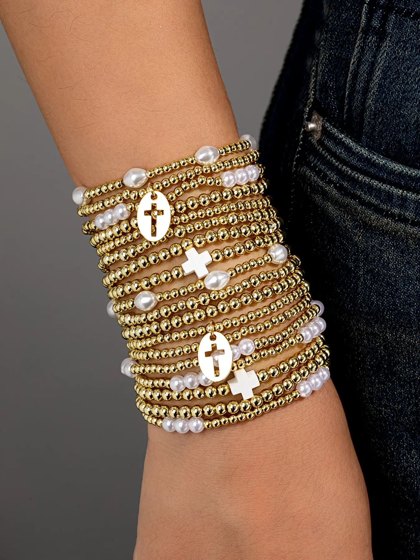 Vintage Hollow Out Cross Pendant Faux Pearl Beaded Bracelet Set, Stackable Bracelets, 18 Piece Elegant Versatile Women's Jewelry, Ccb Style Handmade Accessories, Cross Beads Bracelet