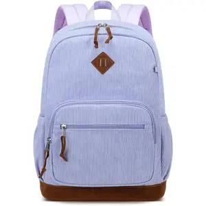 Corduroy School Backpack for Teens Girls & Boys, Vintage Lightweight Laptop Bag with Padded Sleeve, Large Capacity Water-Resistant Bookbag for College, High School, and Daily Use Purple
