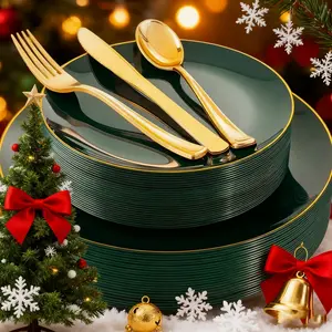 100-Piece Plastic Dining Plate Set, Includes 40 Edged Plates & 60 Utensils, Heat Resistant Reusable Dinnerware for Weddings Christmas Halloween Parties